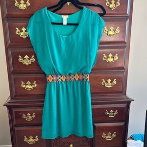 Teal Dress with Colorful Waistband